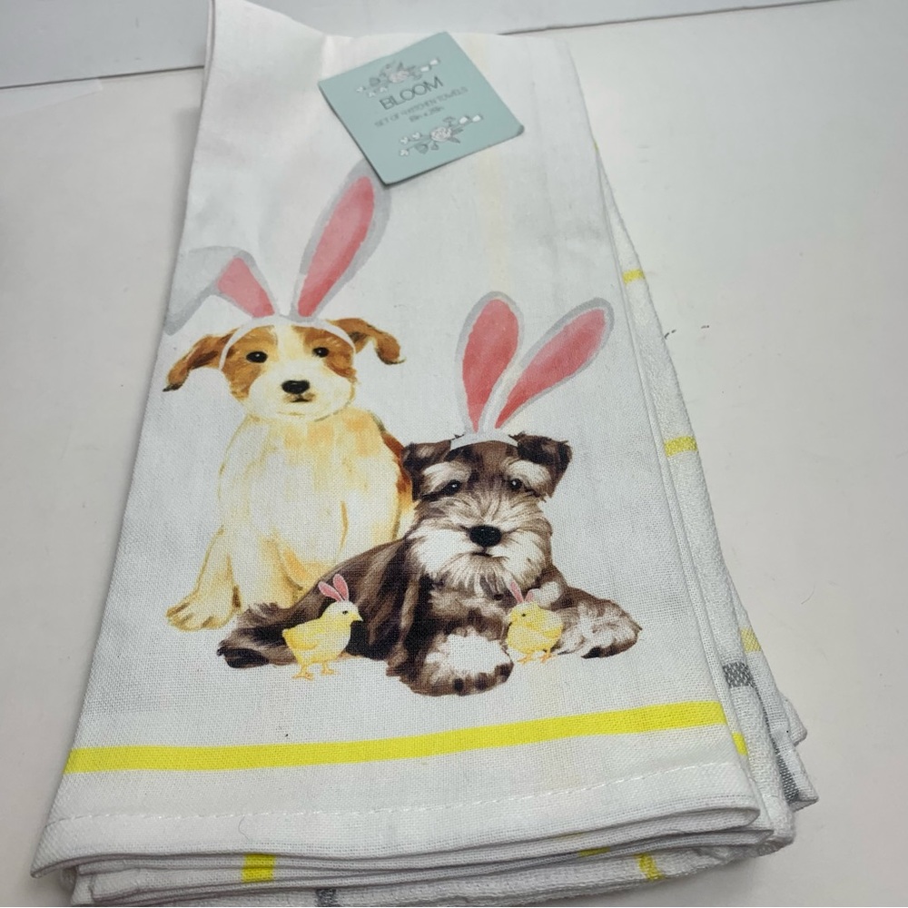 NWT. Bloom set of 4 Easter dog towels. 18” x 28”. two dogs in bunny ears